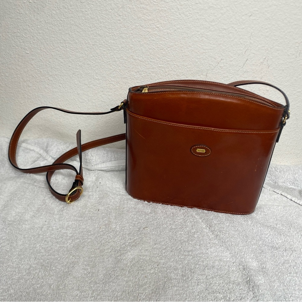 Vintage Women Bally Cognac Leather Structured Crossbody Purse Classic Equestrian